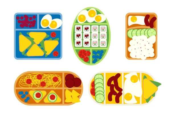 School lunch boxes set, isolated vector illustration. Snacks in plastic colorful containers with italian, asian, vegetarian food. Kids school meals icons in flat style. — Stock Vector