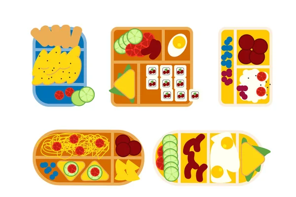 School lunch boxes set, isolated vector illustration. Snacks in plastic colorful containers with italian, asian, vegetarian food. Kids school meals icons in flat style. — Stock Vector