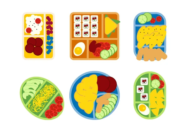 Набор школьных обеденных коробок, изолированная векторная иллюстрация. Закуски в пластиковых красочных контейнерах с итальянской, азиатской, вегетарианской едой. Детское питание иконы в плоском стиле . — стоковый вектор