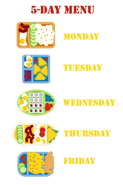 5-day menu. School lunch boxes set, isolated vector illustration. Snacks in plastic colorful containers with italian, asian, vegetarian food. Kids school meals icons in flat style. — Stock Illustration 5-day menu. School lunch boxes set, isolated vector illustration. Snacks in plastic colorful containers with italian, asian, vegetarian food. Kids school meals icons in flat style. Stock Vector