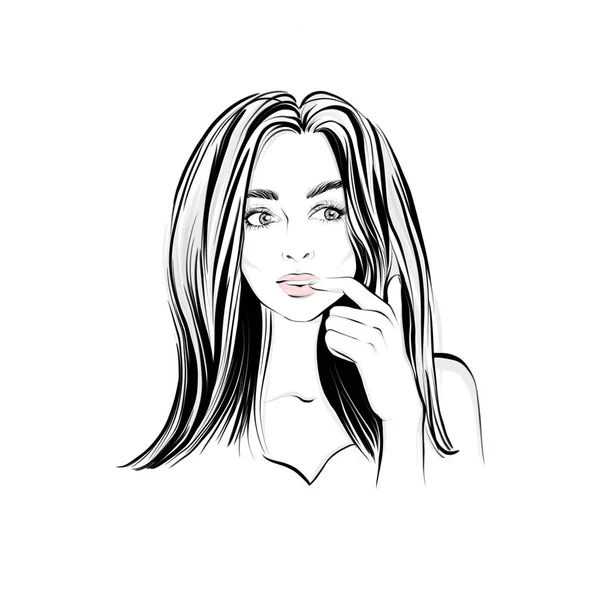 Schöne Frau mit langen dunklen Haaren, blickt mit nachdenklichem Gesichtsausdruck zur Seite, verwirrt weiblich — Stockfoto