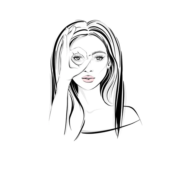 Schöne Frau mit langen dunklen Haaren, mit gedrückten Daumen und sieht aus wie durch ein Fernglas — Stockfoto