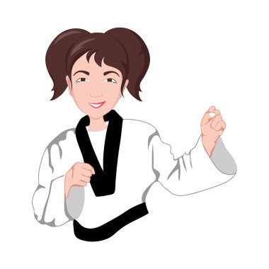 Asya Karate kız mücadele duruş standları, komik vektör izole illüstrasyon.