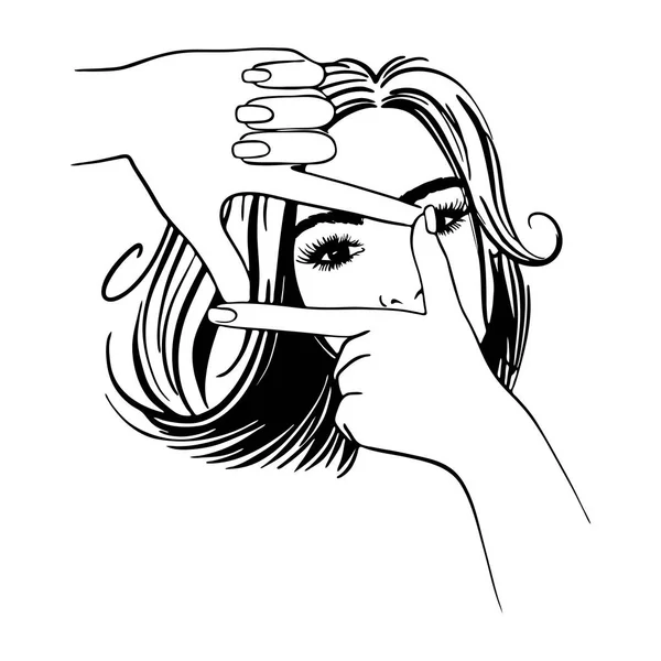 Mujer hermosa con cabello de longitud media mirando a través de un marco de mano — Archivo Imágenes Vectoriales
