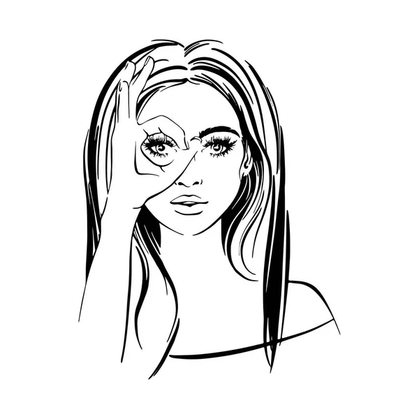 Schöne Frau mit langen dunklen Haaren, mit gedrückten Daumen und sieht aus wie durch ein Fernglas — Stockvektor