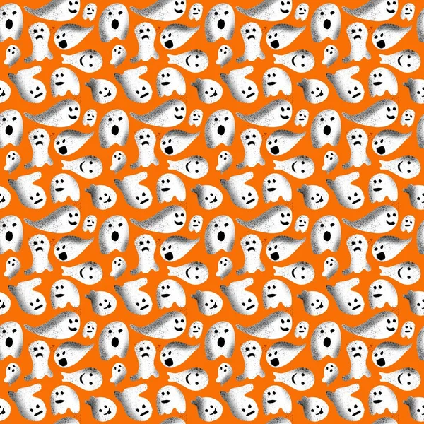 Nette Geister Auf Orangefarbenem Hintergrund Mit Nahtlosem Muster Schöne Gruselige — Stockfoto