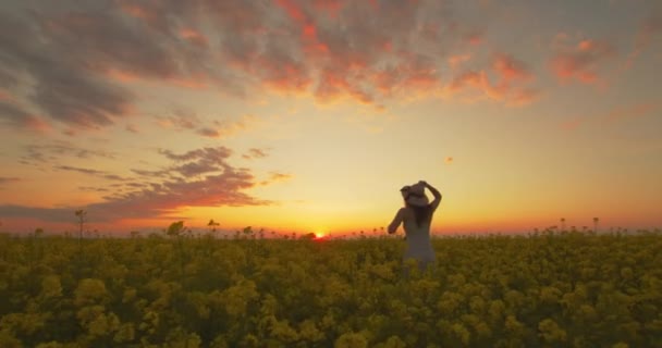 A menina está pulando para cima e para baixo entre um campo de flores amarelas e jogando seu chapéu. A rapariga está a olhar para o pôr-do-sol. Belo céu nublado. 4K — Vídeo de Stock