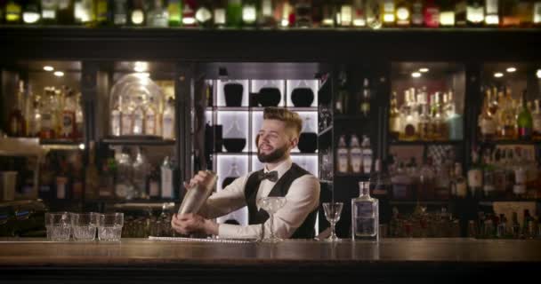 Ο μπάρμαν ανακατεύει ένα ποτό σε ένα σέικερ και χαμογελάει. 4ια — Αρχείο Βίντεο