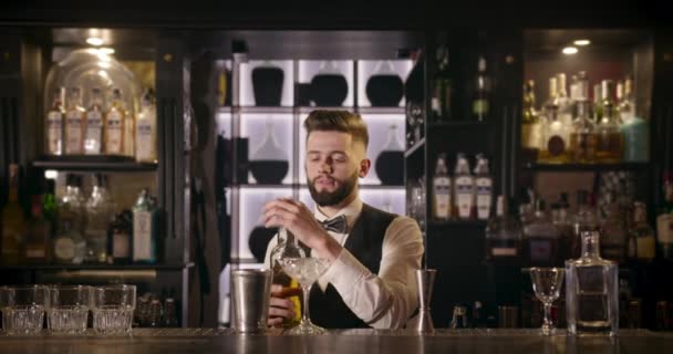 El camarero está vertiendo alcohol de una botella en una coctelera usando una taza de medir. 4K — Vídeo de stock