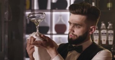 Yakın plan çekim. Barmen bar kaşığını kullanarak buzu bardağa çeviriyor. 4k