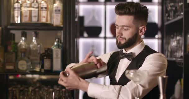 Der Barkeeper mixt ein Getränk in einem Shaker. 4k — Stockvideo