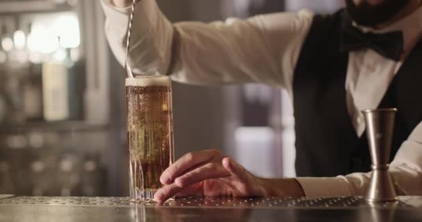 Nahaufnahme. Der Barkeeper mixt Eis zu einem Cocktail und dekoriert es mit einer Scheibe Limette. 4K — Stockvideo