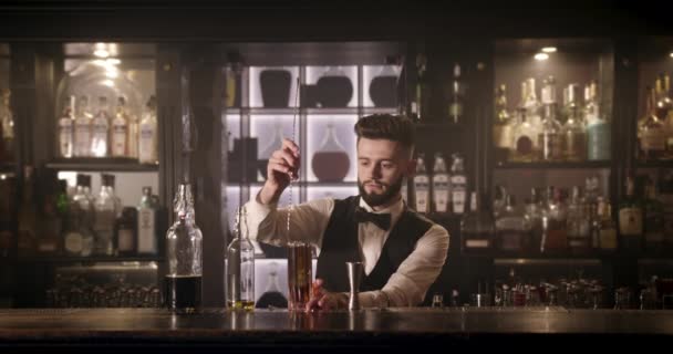 El camarero está mezclando hielo en un cóctel y decorándolo con una rodaja de lima. 4K — Vídeos de Stock