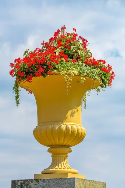 Large Yellow Decorative Flowerpot Flowers Sky — Stock Photo, Image