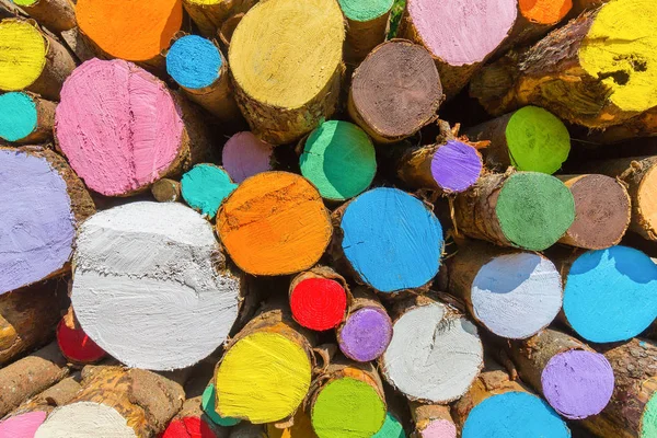 Stapel Van Geschilderde Boomstammen Met Gemengde Kleuren — Stockfoto