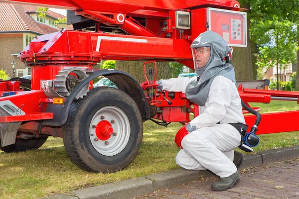 Insect Killer Protective Working Clothes Operates Aerial Platform — Stock Photo, Image