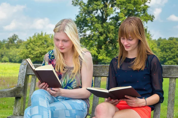 Dwie holenderskie nastoletnie dziewczyny czytając książkę na ławce na zewnątrz — Zdjęcie stockowe