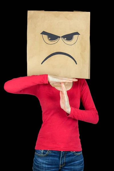 Woman expressing anger making gesture of time out — Stock Photo, Image