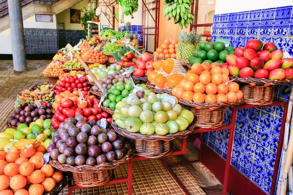 Portuguese market stall indoors with fresh fruits — Stock Photo, Image