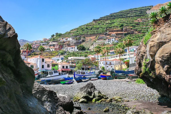 Portuguese Landscape with fishing boats and village — Stock Image Portuguese Landscape with fishing boats and village Royalty Free Stock Photos