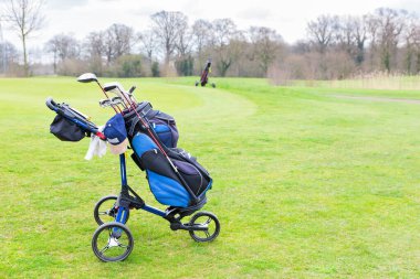 Yeşil Avrupa golf sahasında duran golf arabası