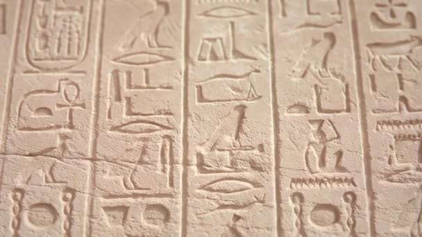 Antike Ägyptische Hieroglyphen Schnitzereien Einer Tempelwand Luxor Ägypten Neigung Nach — Stockvideo