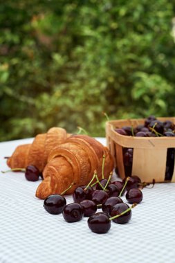 bahar bahçesinde bir masada kruvasan ile bir sepet içinde olgun kiraz