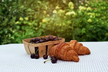 bahar bahçesinde bir masada kruvasan ile bir sepet içinde olgun kiraz
