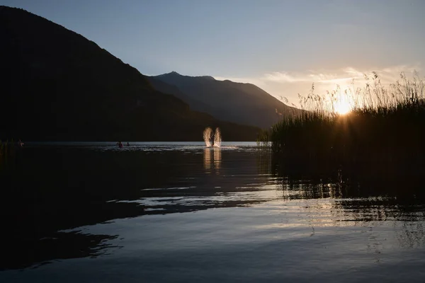 Güzel bir gün batımında sudan atlayan genç bir adam.