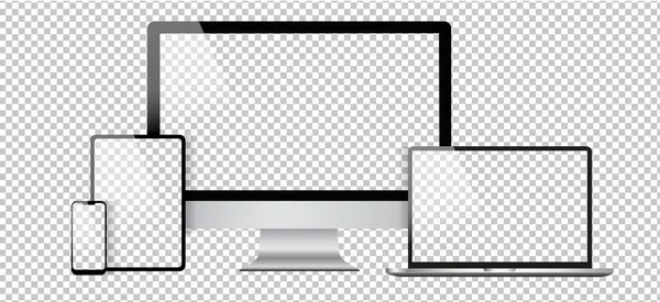 MacBook, iMac ve iPhone model tasarımı. Resmetmek için gerçekçi bilgisayar, defter, tablet ve akıllı telefon vektörü. Bilgisayar teknolojisi için arka plan ve web simgesi varlıkları. Şeffaf.