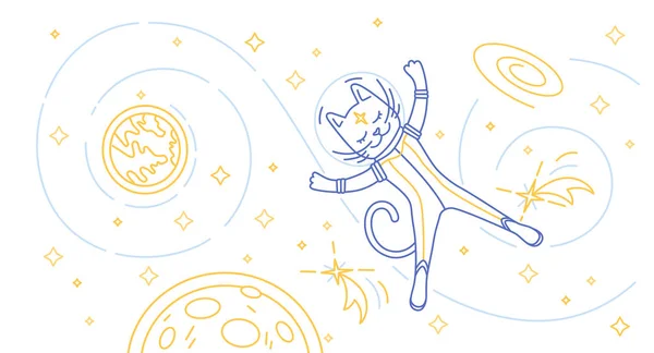 Kedi astronot uzayda uçan. Vektör çizim