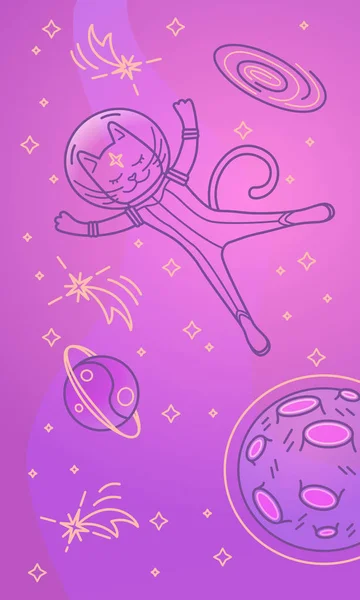 Kedi astronot uzayda uçan. Vektör çizim