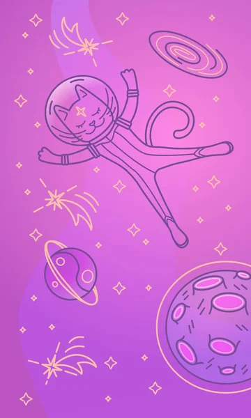Astronauta gato volando en el espacio. Ilustración vectorial — Vector de stock