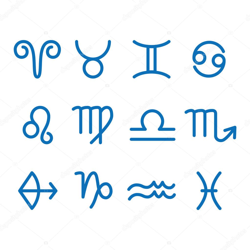 12 Zodiac sign for astrology. Outline style. Set of simple icons. Blue on white background vector