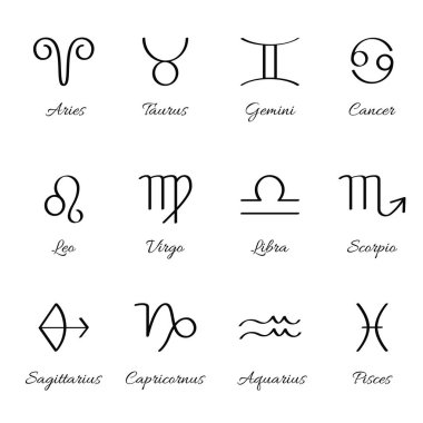 12 burç Astroloji için. Hat Stil kümesi. Basit simgeler. Siyah üzerine beyaz arka plan vektör