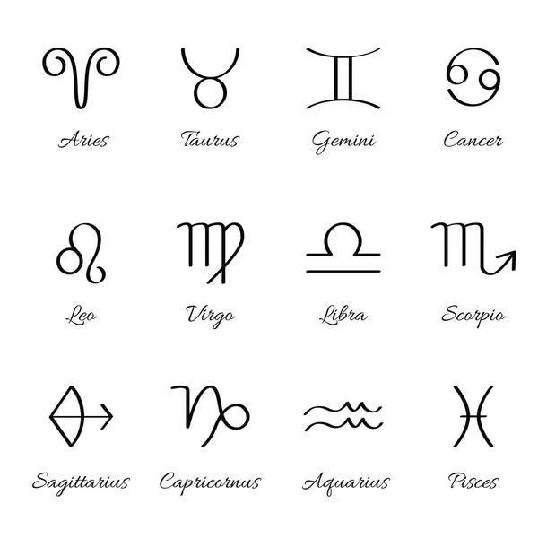 12 signo do zodíaco para astrologia. Conjunto de estilo caligráfico. Ícones simples. Preto no vetor de fundo branco — Vetor de Stock