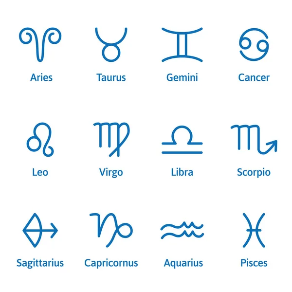 12 Signo del zodíaco con título. Estilo de contorno. Conjunto de iconos simples. Azul sobre fondo blanco vector — Archivo Imágenes Vectoriales