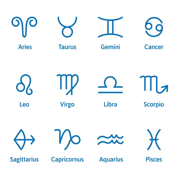 12 Signo del zodíaco con título. Estilo de contorno. Conjunto de iconos simples. Azul sobre fondo blanco vector — Vector de stock