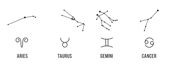 4 znaki zodiaku z konstelacji. Baran, byk, Bliźnięta, rak. Wektor. — Wektor stockowy