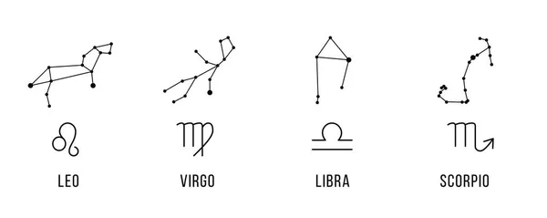 4 stjärntecknen med konstellationer. Leo, Jungfrun, vågen, Skorpionen. Vektor. — Stock vektor