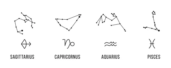 4 znaki zodiaku z konstelacji. Strzelec, Koziorożec, Wodnik, ryby. Wektor. — Wektor stockowy