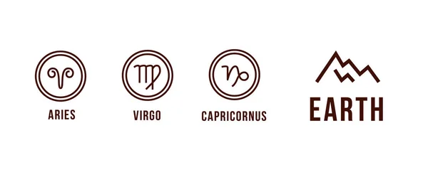 3 earth zodiac signs - aries, virgo, capricornus. Round icons. — Stock Vector
