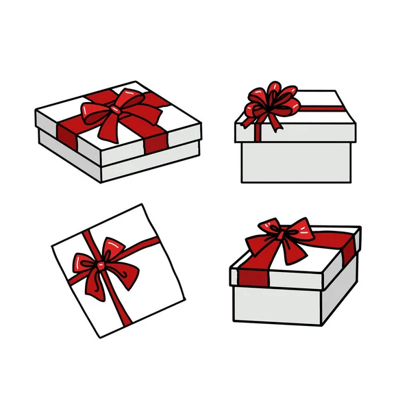 Set van witte doodle geschenkdozen met rode bogen in cartoon stijl. — Stockvector