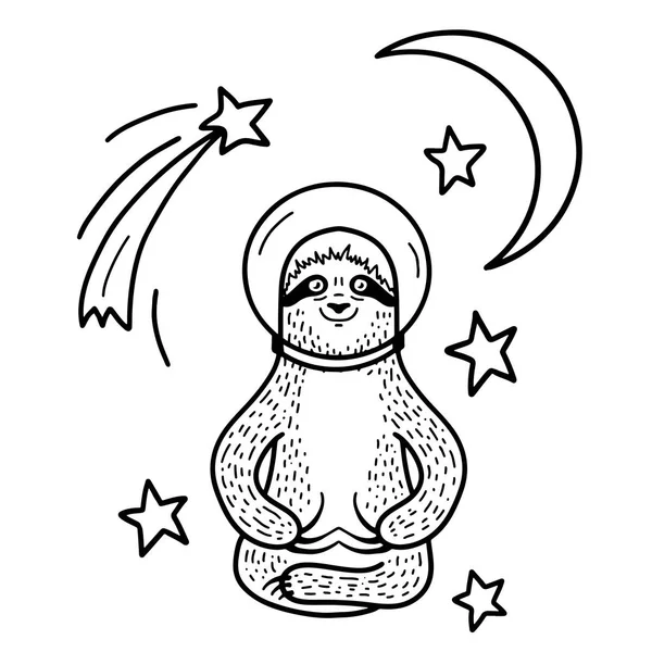 Leende Sloth astronaut i hjälm sitter bland stjärnor. Handritad, Doodle-stil. — Stock vektor
