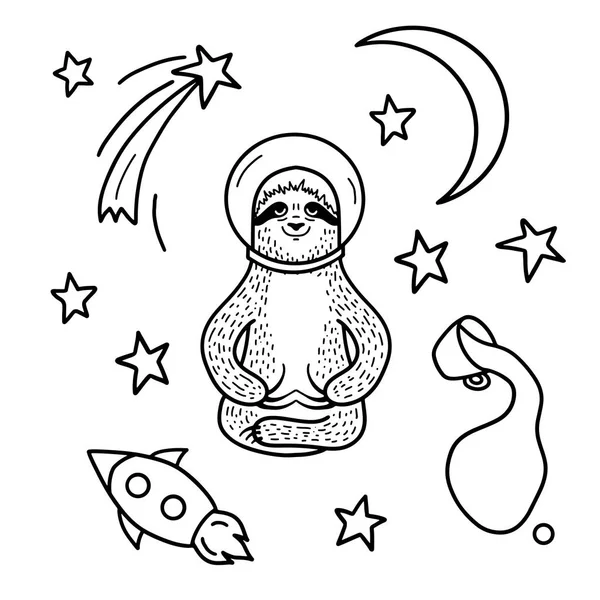 Yıldızların arasında oturan kasklı gülümseyen tembel astronot. Elle çizilmiş, doodle tarzı vektör illüstrasyon.