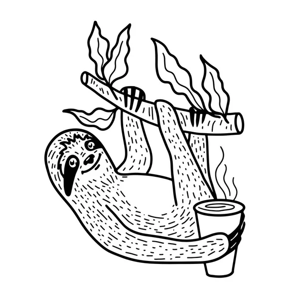 Lindo perezoso picando en una rama de árbol con una taza de café caliente. Dibujado a mano, doodle estilo vector ilustración — Vector de stock