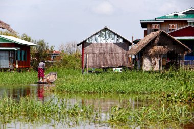 Inle Gölü, Myanmar/Birma'daki ayaklıklar üzerinde evlerin arasında bir teknede kürek çekerken kız.