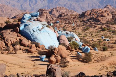 Fas Anti Atlas Tafraoute yakınlarındaki sanatçı Jean Verame tarafından boyalı kayalar, Afrika.