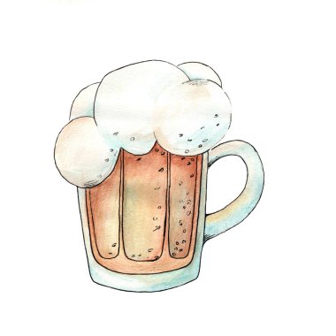 Suluboya yla çizilmiş bir bardak bira eli. Oktoberfest.Alcohol içecekler illüstrasyon. 