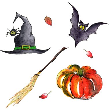 Kötü işler için cadılık nitelikleri suluboya seti. Örümcekli siyah cadı şapkası, siyah yarasa, cadı süpürgesi ve kırmızı balkabağı. Cadılar Bayramı ve tatil konsepti